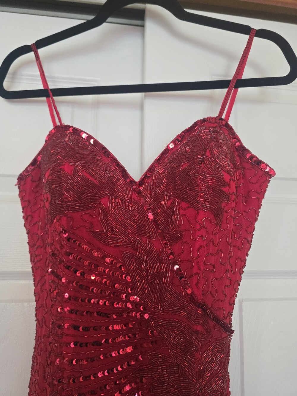Vintage CACHE Red Sequin Beaded Spaghetti Strap Dress